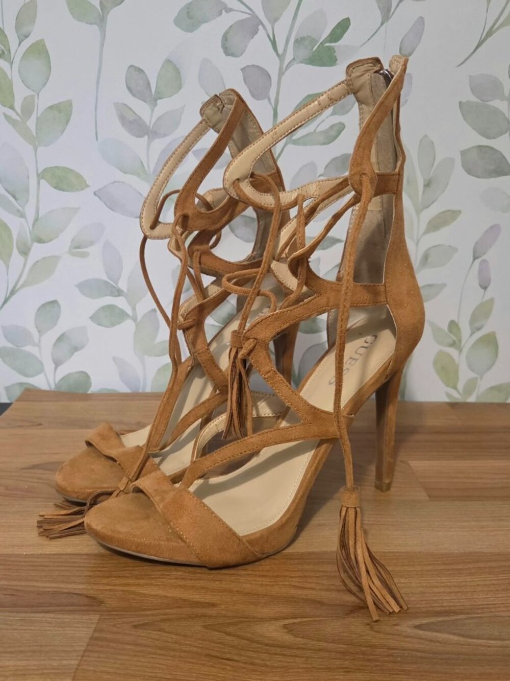 Guess Strappy Suede Lace-Up Stiletto Heels with Tassel Detail - Size 9.5M